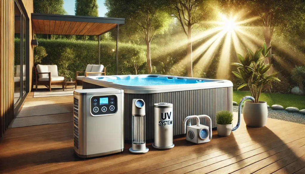 A modern hot tub setup in a serene backyard, featuring an ozone generator, UV system, and mineral purifier. The equipment is neatly placed beside the hot tub, with sunlight streaming through trees in the background, creating a calm, eco-friendly atmosphere.