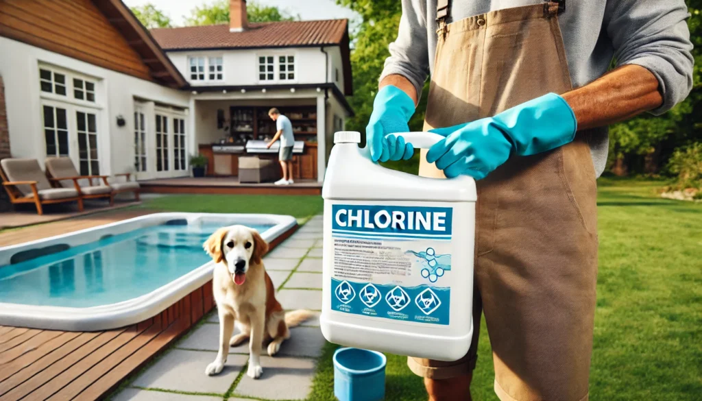 A person safely handling chlorine near a hot tub in a well-ventilated outdoor setting, wearing gloves. A golden retriever dog sits nearby, away from the chemicals, in a peaceful backyard with a clear sky.