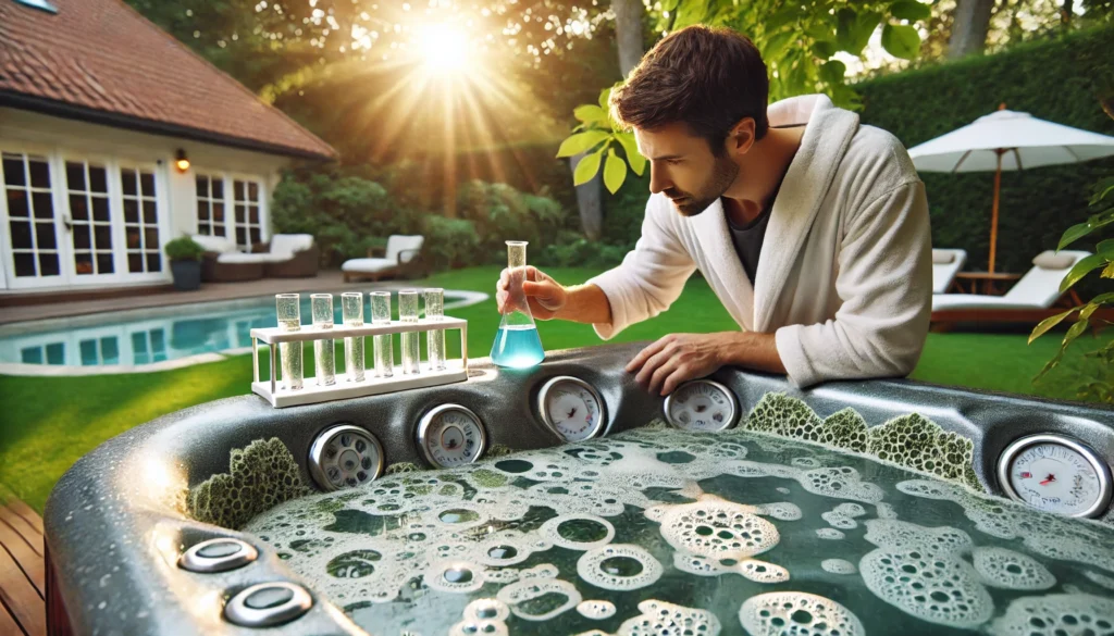 A person carefully testing water chemistry in a well-maintained hot tub with scaly deposits on the equipment, emphasizing the importance of maintaining proper calcium hardness. The peaceful backyard is bathed in sunlight, surrounded by lush greenery.