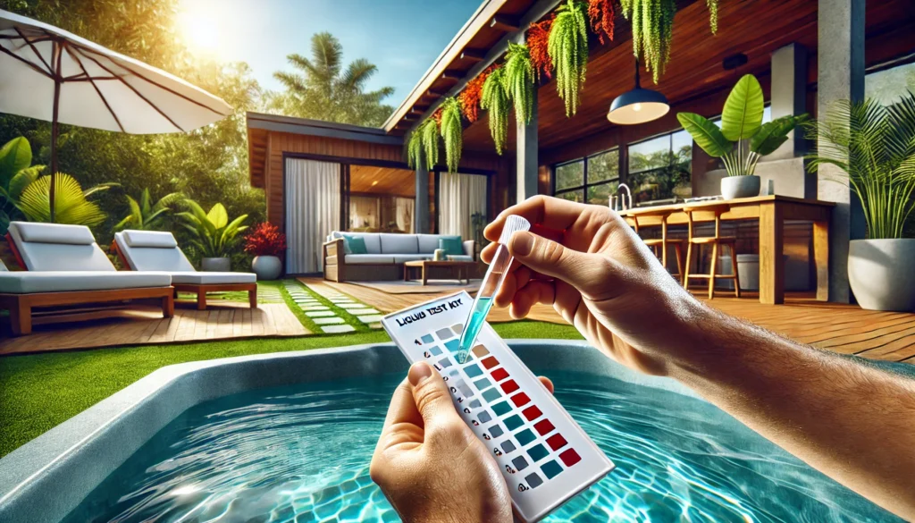 A person carefully testing the water from a hot tub using a liquid test kit in a serene backyard. The individual holds a test tube and compares the color to a chart for calcium hardness results. The hot tub water is crystal clear, and the relaxing outdoor space features greenery, patio furniture, and vibrant plants.