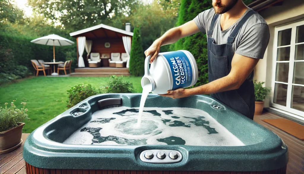 A person carefully increasing calcium hardness in a hot tub by pouring a dissolved calcium hardness increaser from a bucket into the bubbling water, with a serene backyard setting in the background featuring lush greenery and a cozy seating area.