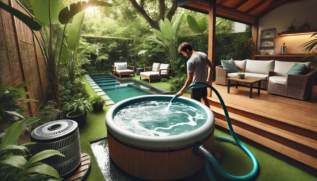 A person in a serene backyard draining water from a hot tub using a hose, surrounded by lush greenery and a peaceful patio setting.