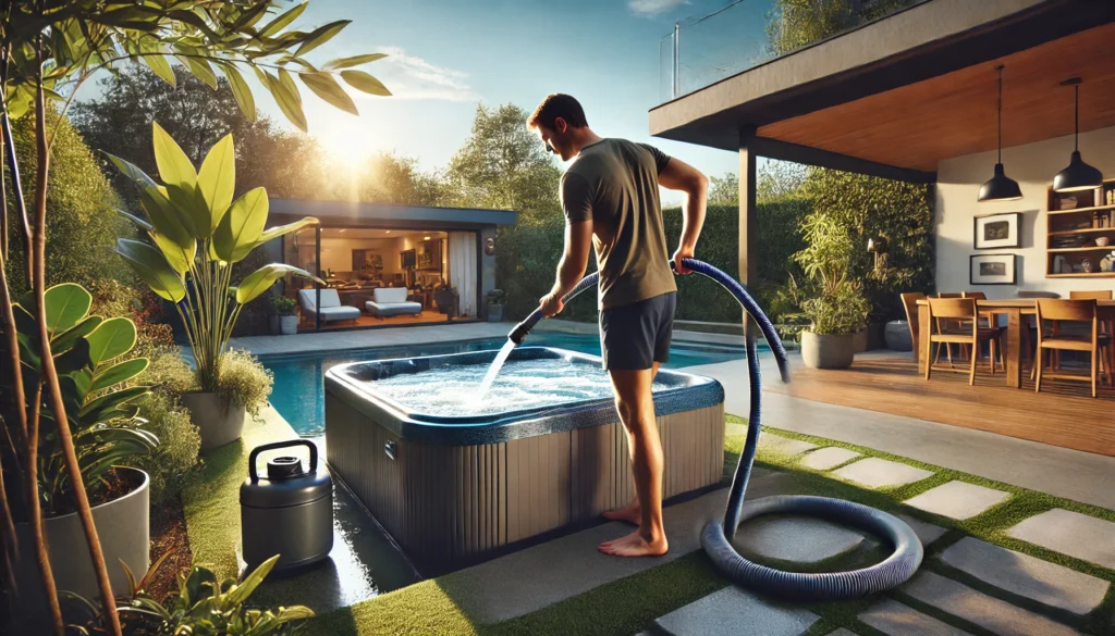 A person in a serene backyard carefully draining a portion of water from a hot tub using a hose. The hot tub is surrounded by greenery, with a clean, well-maintained patio and outdoor furniture visible. The scene captures the person managing water levels under the soft glow of sunlight, reflecting careful maintenance of the hot tub.