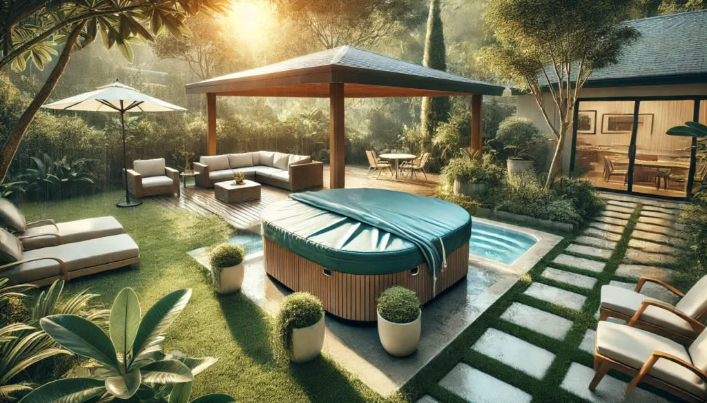 A serene backyard scene featuring a well-maintained hot tub with a cover partially placed over it, surrounded by lush greenery and outdoor furniture. The sunlight filters through the trees, creating a peaceful atmosphere perfect for relaxation and hot tub maintenance.