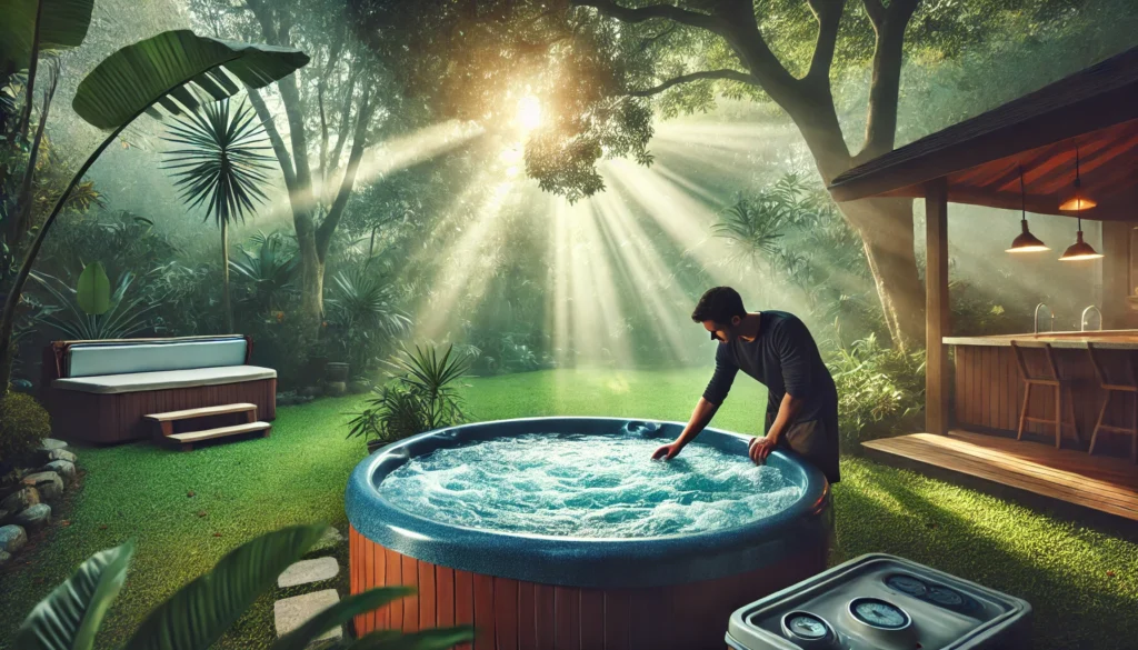 A person troubleshooting a cloudy hot tub in a serene backyard, checking water clarity and preparing to adjust calcium hardness levels. Surrounded by greenery, soft sunlight filters through the trees, creating a peaceful atmosphere.