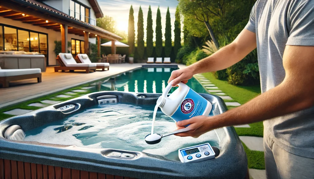 A person carefully adding baking soda to a modern hot tub while holding a test strip, with jets on and water rippling. The serene backyard features lush greenery, a well-maintained patio, and a pool in the background.