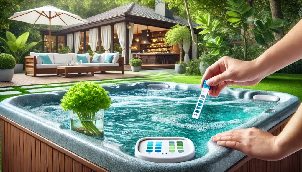 A serene hot tub with crystal-clear water surrounded by a lush, green backyard. A hand is seen testing the water using a test strip, emphasizing the importance of maintaining proper alkalinity and pH balance. The patio in the background features comfortable seating and vibrant greenery, creating an inviting atmosphere.