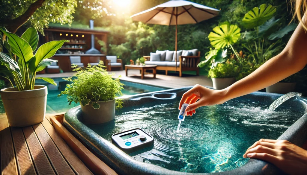 A serene backyard hot tub scene with a person testing water using a digital tester. The hot tub is clean and crystal-clear, surrounded by lush greenery and patio furniture. The person’s hand dips the digital tester into the water, ensuring proper alkalinity and pH balance. Sunlight filters through the leaves, creating a peaceful atmosphere.