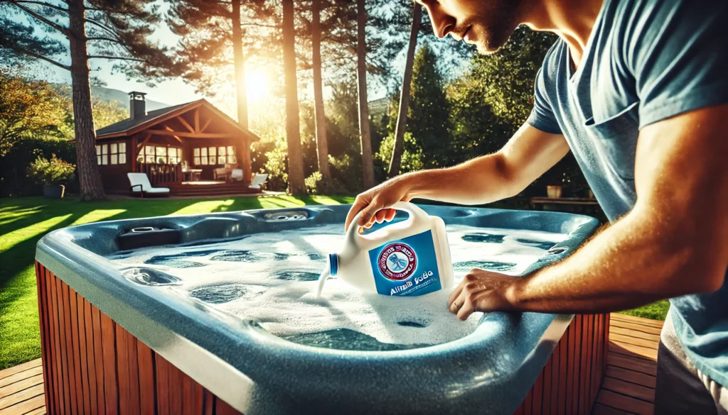 A person carefully adding baking soda or alkalinity increaser to a hot tub in a serene backyard setting. The hot tub is bubbling as the jets run, and sunlight filters through surrounding trees, creating a peaceful atmosphere.