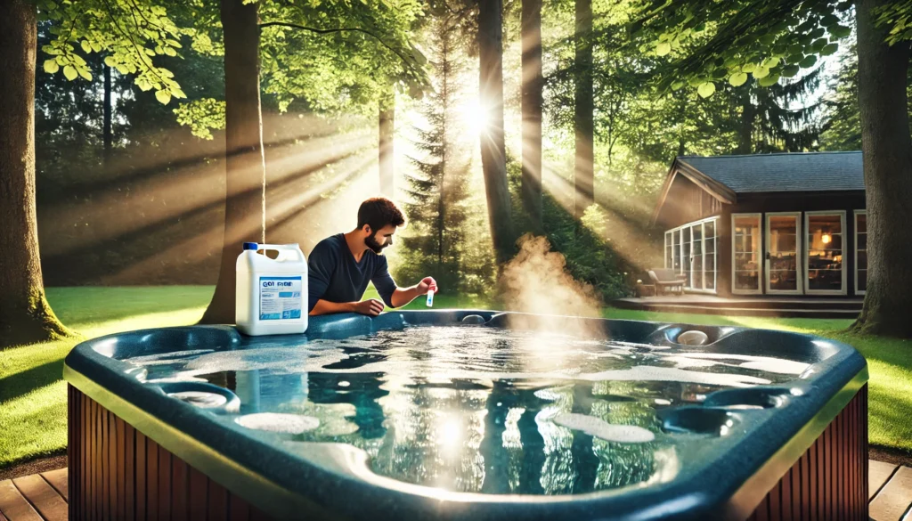 A serene backyard scene with a person thoughtfully maintaining their hot tub, balancing water chemistry using test strips and adding chemicals. The hot tub is bubbling, with jets running, surrounded by tall trees. Soft sunlight filters through the leaves, and gentle steam rises from the warm water, creating a peaceful atmosphere.