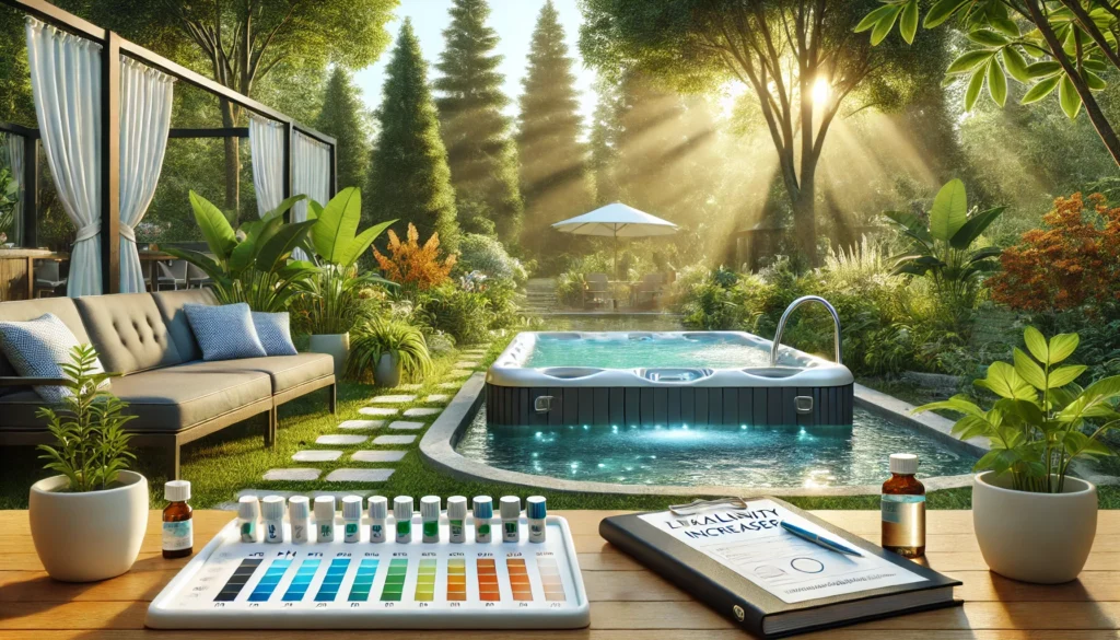 A serene backyard scene featuring a modern hot tub with clear water and running jets, surrounded by lush greenery. A table nearby holds testing strips, a logbook labeled "Alkalinity Increaser," and bottles of water testing chemicals. Sunlight softly filters through tall trees, creating a peaceful and well-maintained garden setting, suggesting a focus on hot tub maintenance and balance.