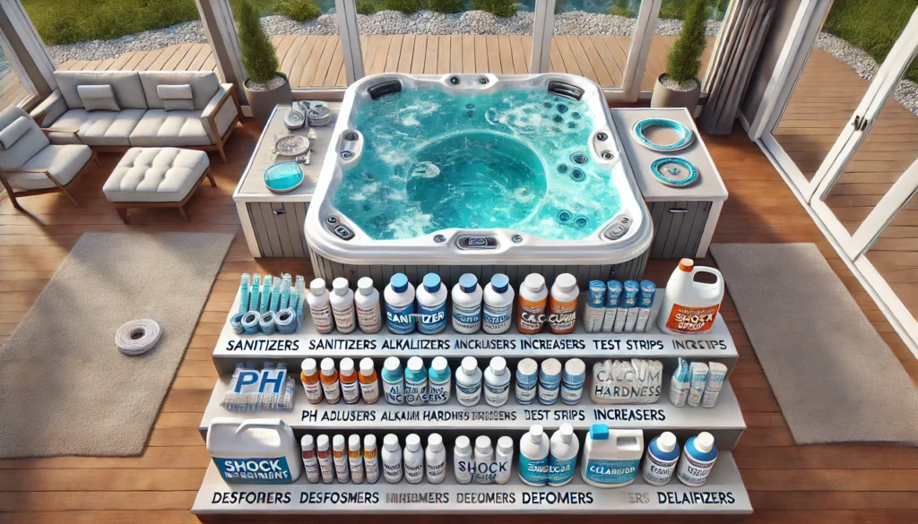 A modern hot tub setup with essential hot tub chemicals, including sanitizers, pH adjusters, alkalinity increasers, calcium hardness increasers, shock treatments, test strips, defoamers, and clarifiers neatly arranged next to the tub. The hot tub water is crystal clear with jets running, showcasing a clean, organized space for easy hot tub maintenance.

