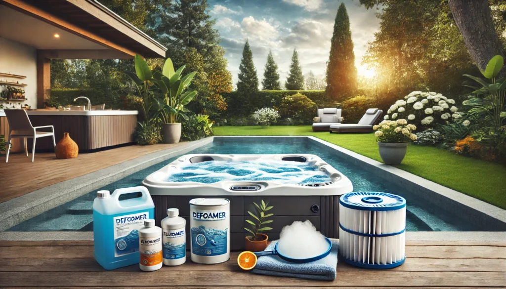 A serene backyard scene featuring a modern hot tub with essential maintenance chemicals like defoamer, clarifier, and a filter nearby. The cloudy water in the tub represents troubleshooting common issues like cloudiness and foam in a peaceful garden setting.