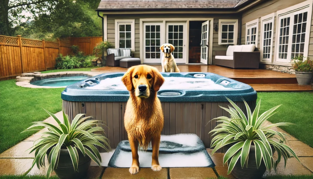 A golden retriever standing safely near a bubbling hot tub in a backyard, with greenery surrounding the area, emphasizing pet safety around hot tubs.