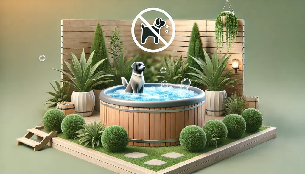 A serene backyard scene with a modern hot tub bubbling, surrounded by greenery, emphasizing the importance of keeping dogs out of hot tubs for safety.