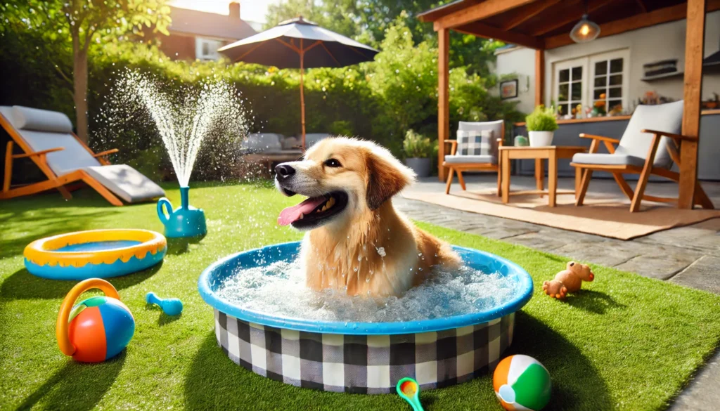 A happy dog splashing in a small kiddie pool in a backyard, surrounded by cooling mats and toys, with a sprinkler running in the background and outdoor furniture in a shaded area