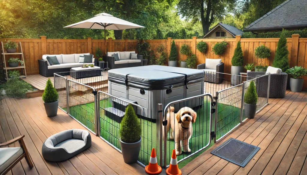 A serene backyard setting with a modern hot tub covered with a sturdy, lockable cover. A curious dog stands near the fenced-off hot tub area, which is secured with deck gates and brightly colored cones as visual deterrents. A cozy dog bed and cooling mat are placed in a shaded area nearby. The space is surrounded by lush greenery and outdoor furniture, creating a safe and inviting atmosphere.