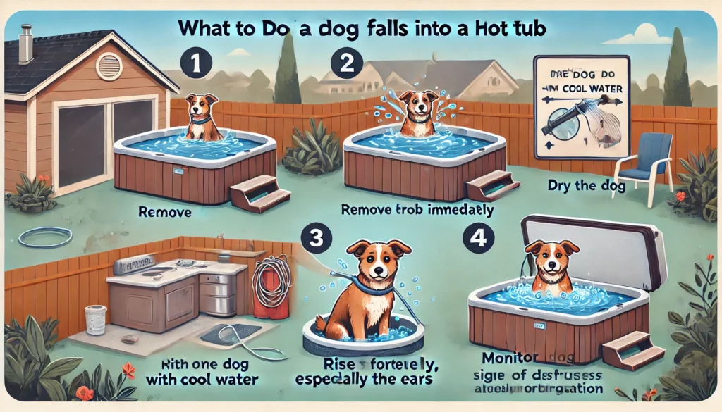 Step-by-step infographic showing emergency actions for when a dog accidentally falls into a hot tub. Steps include removing the dog from the water, rinsing them with cool water, drying them thoroughly, and monitoring for signs of distress such as panting or disorientation.