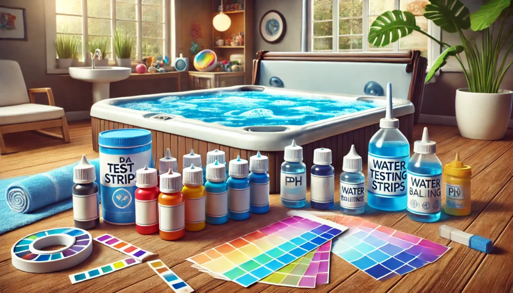 An illustration showing a hot tub surrounded by colorful test strips and spa dye bottles, emphasizing the importance of balancing water chemistry. The water is a soft blue, and nearby are water testing strips, pH balancers, and sanitizers to highlight safe and fun hot tub maintenance.