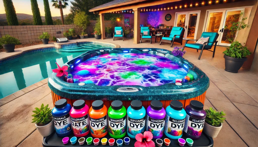 A colorful backyard hot tub scene with vibrant dyed water in shades of purple, blue, and green, surrounded by specialized dye bottles and natural alternatives like hibiscus flowers. The water glows under LED lighting, showcasing both temporary and long-lasting dye options in a lively and safe environment for experimenting with hot tub water color.