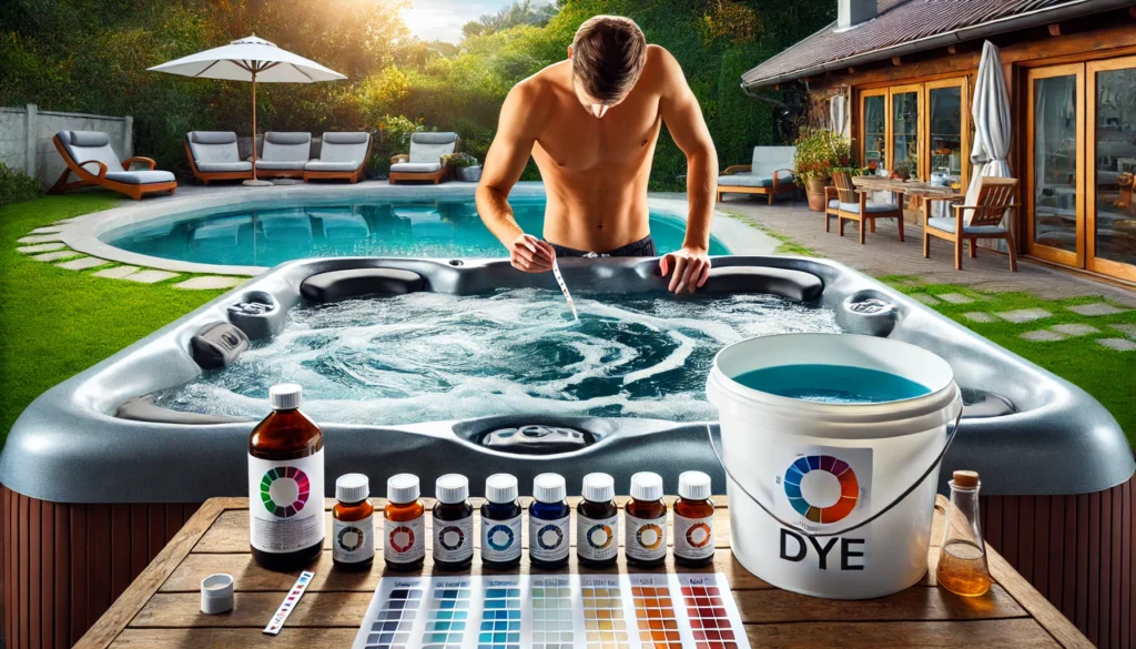 A hot tub scene with clear, well-maintained water and bottles of dye nearby. A person is testing the water with a test strip while the jets circulate to ensure even dye distribution. A bucket of diluted dye is ready to be added, showcasing proper preparation techniques in a peaceful backyard setting.