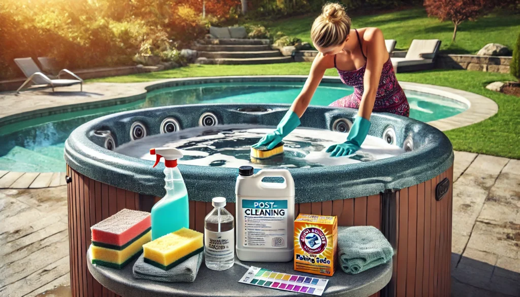 A hot tub cleaning scene featuring a person scrubbing the inside of an empty hot tub with a non-abrasive sponge. Nearby are cleaning supplies, including a box of baking soda and water testing strips, emphasizing the post-dye cleaning process. The hot tub cover is also being wiped down, ensuring the entire tub is restored after a colorful dye experience. The setting is a peaceful backyard, focused on proper hot tub maintenance.