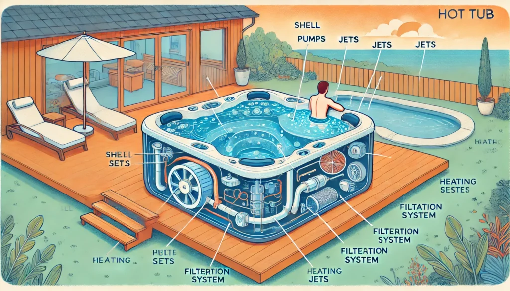 An illustrated cross-section of a hot tub showing key components like the shell, pumps, jets, filtration system, and heating element. Water flows through the system, being heated and filtered, while jets create bubbles and a soothing massage effect. The serene backyard setting emphasizes how all parts work together to create a relaxing experience.