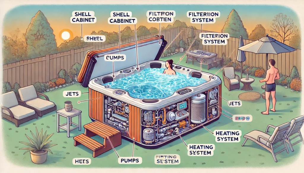 An illustrated breakdown of a hot tub's components, including the shell, cabinet, pumps, jets, filtration system, heating element, and control panel. The internal workings are clearly labeled, with a person relaxing in the bubbling water. The backyard setting emphasizes how each part functions together to create a soothing hot tub experience, highlighting the control panel's modern technology.