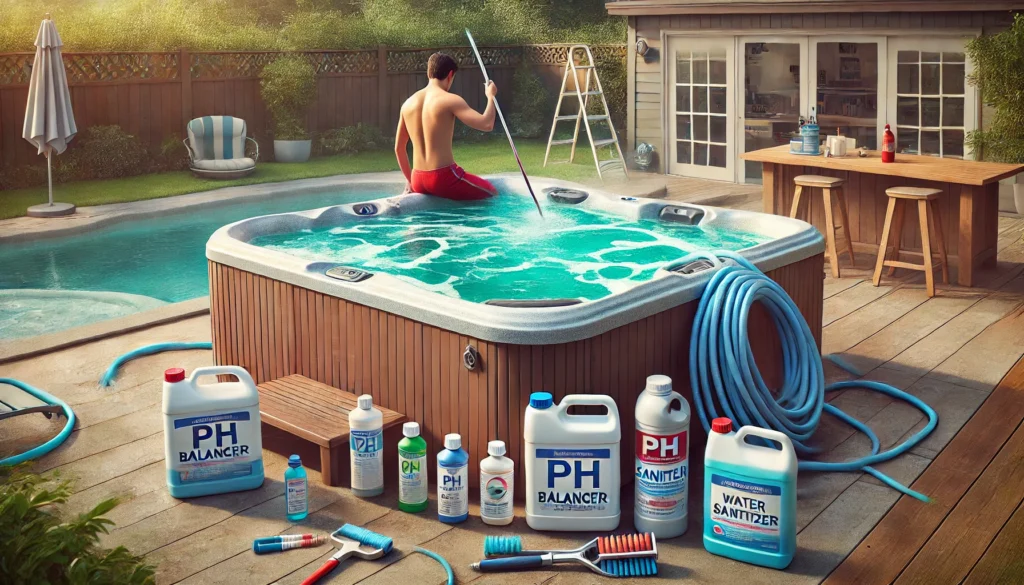 A backyard hot tub maintenance scene showing a person testing the water with test strips, scrubbing the shell, and cleaning the filter with a garden hose. Nearby are pH balancer and sanitizer bottles, emphasizing the importance of water chemistry. The image also includes tools for winterizing the hot tub, such as a hose for draining, all set in a calm and organized backyard. This scene highlights the importance of regular maintenance to ensure a clean and well-functioning hot tub.