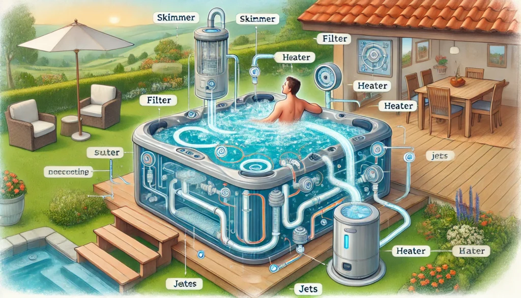 An illustration showing the process of how a hot tub works, from water circulation through the skimmer and filter to heating and jet action. Labeled components include the skimmer, filter, heater, and jets, with water flowing through the system. The jets create a massaging effect with bubbles, and a person relaxes in the warm water in a peaceful backyard setting, highlighting the technical workings of the hot tub.