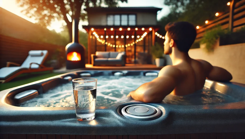 A relaxing backyard hot tub scene with a person enjoying the warm water and bubbles for stress relief and muscle recovery. A glass of water is placed on the edge of the tub, emphasizing the importance of staying hydrated. The background features soft lighting and natural surroundings, creating a calm and soothing atmosphere, highlighting the health benefits of hot tub use, such as relaxation, improved circulation, and pain relief.