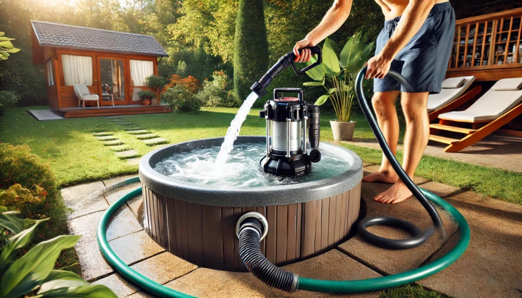 A backyard scene showing a hot tub being drained with a submersible pump and filled with a garden hose. The hot tub is partially filled as a person manages the process, ensuring everything runs smoothly. The calm atmosphere with greenery and sunshine highlights the efficient draining and filling of the hot tub.