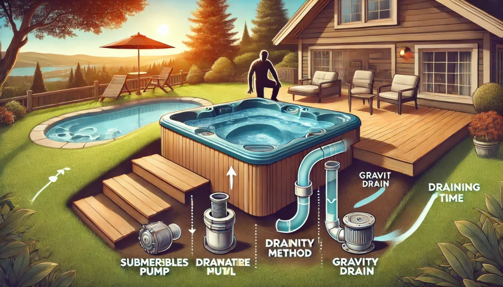 A backyard scene with a hot tub being drained using a submersible pump and a gravity drain. A person is inspecting the drain valve and slope of the yard to ensure efficient draining. The hot tub is partially empty, and the sun shines over the peaceful setting, highlighting factors like tub size, drainage method, valve condition, and slope that impact draining time.