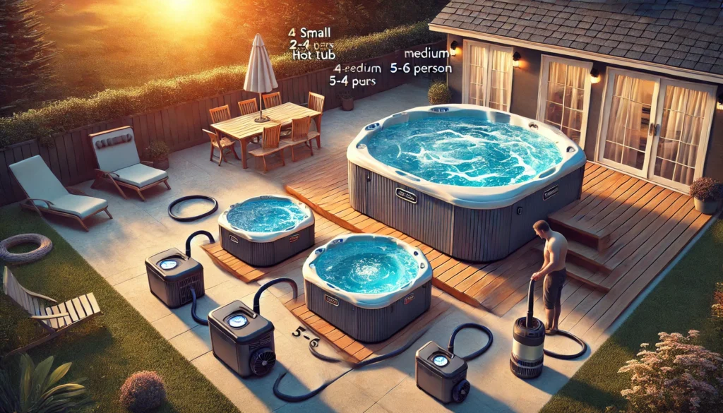 A backyard scene featuring three different sizes of hot tubs in various stages of draining: a small 2-4 person tub, a medium 5-6 person tub, and a large 7+ person tub. The setting sun casts a peaceful glow as a person manages the process, illustrating the difference in draining times for small, medium, and large hot tubs.