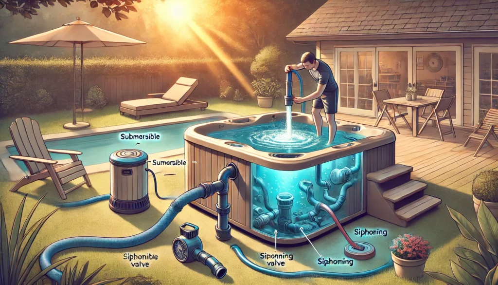 A backyard scene showing a hot tub being drained quickly using a submersible pump, with a person inspecting the drain valve. A garden hose nearby suggests the alternative siphoning method, while the sun sets, casting a warm glow over the peaceful scene. The image highlights efficient methods like using a pump, siphoning, and maintaining drain valves to speed up the draining process.