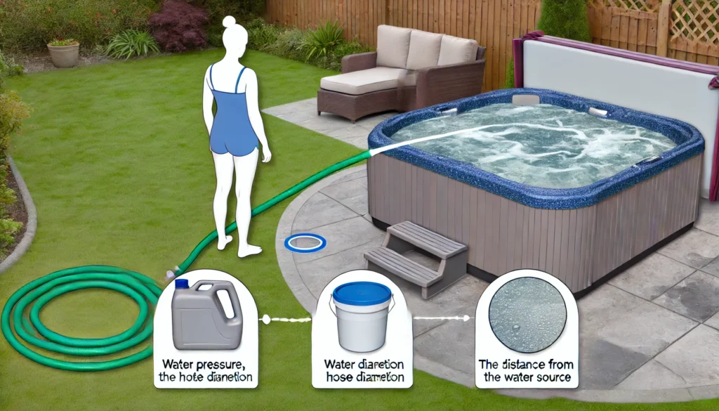 A backyard scene showing a hot tub being filled with water using a wide garden hose, with a person adjusting the water flow. The water source is placed at a distance from the tub, and a container of water treatment is visible nearby, highlighting key factors like water pressure, hose diameter, and the distance from the water source that affect filling time.