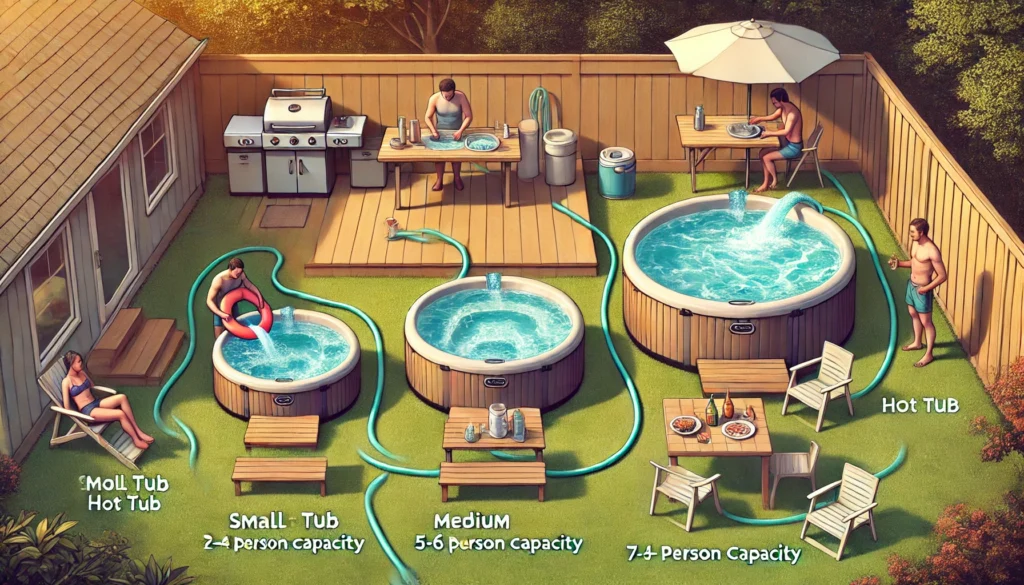 A backyard scene showing three different sizes of hot tubs being filled with water, highlighting small, medium, and large hot tubs in various stages of filling, with a person preparing snacks nearby.