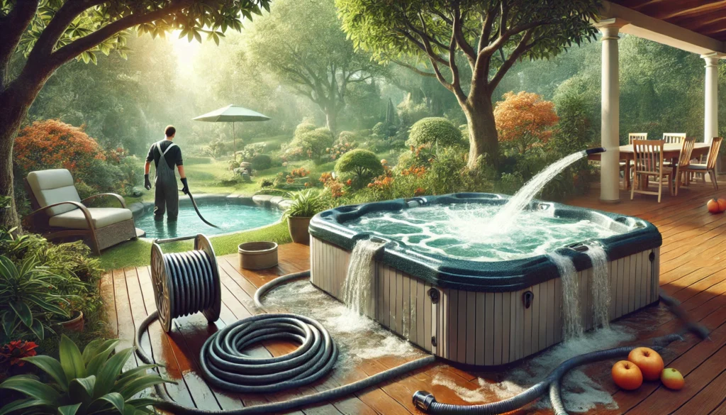 A backyard hot tub scene where the water is being drained and refilled, emphasizing proper maintenance for clean water and efficient equipment.