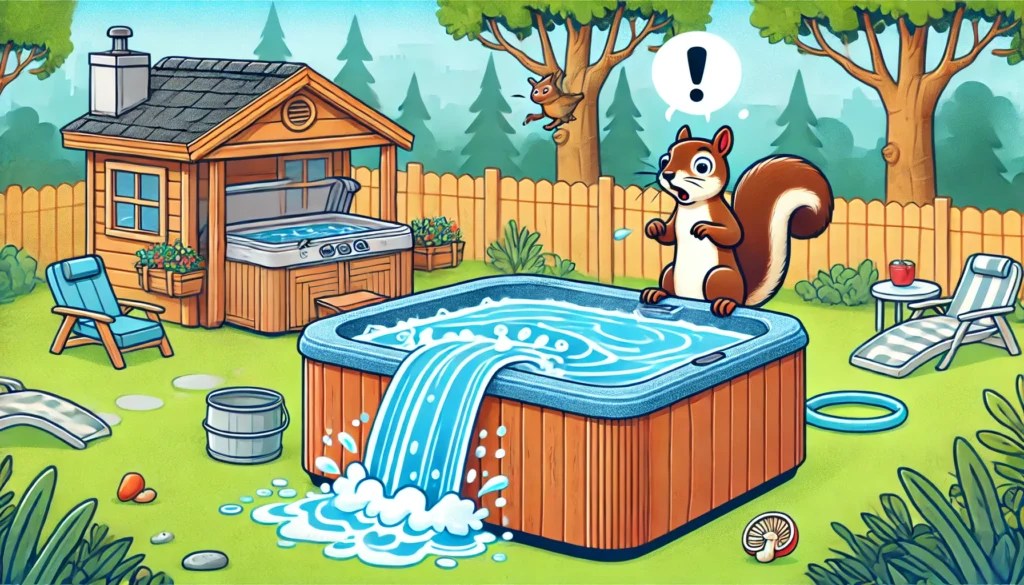  backyard hot tub overflowing with water, illustrating the common mistake of overfilling. A playful squirrel in the background distracts the surprised person watching the water spill