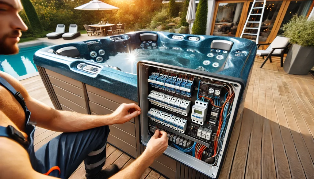 A technician examining the electrical panel and control system of a modern hot tub, ensuring proper wiring and circuit breaker setup.