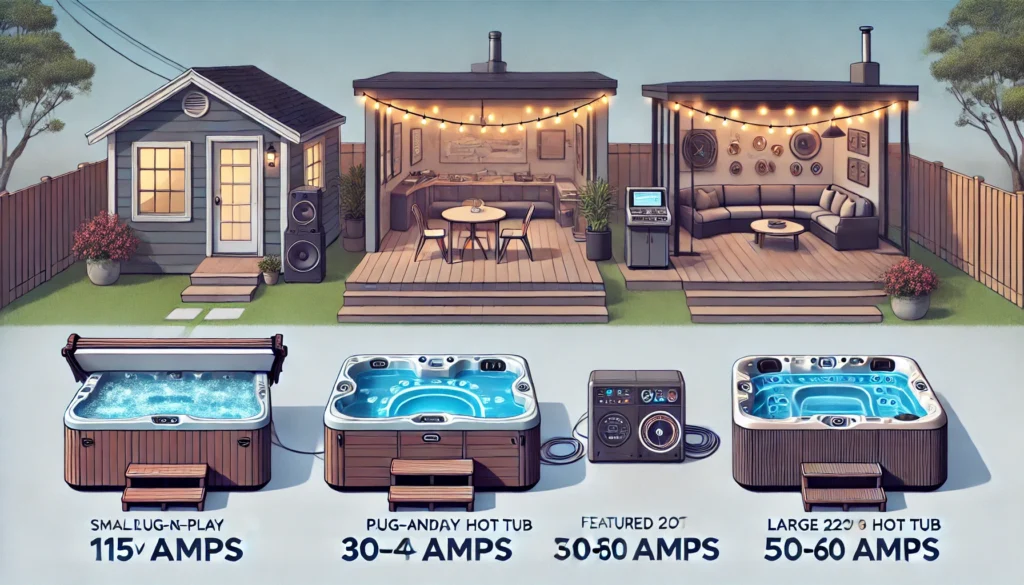 A comparison of three different hot tubs based on their amperage needs, ranging from a small 110V 15-amp tub to a large 220V 50-60 amp luxury hot tub, highlighting the difference in features and power requirements.