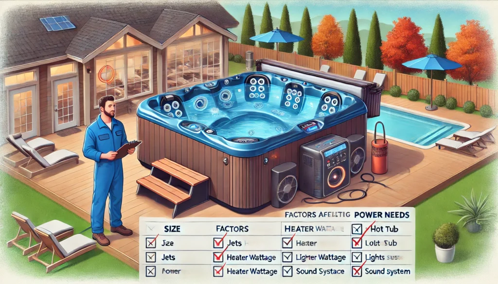 An illustration of a large hot tub featuring powerful jets, a large heater, lights, and sound systems. A technician reviews a checklist of factors affecting the hot tub's amperage needs, including size, jets, heater wattage, and extra features.