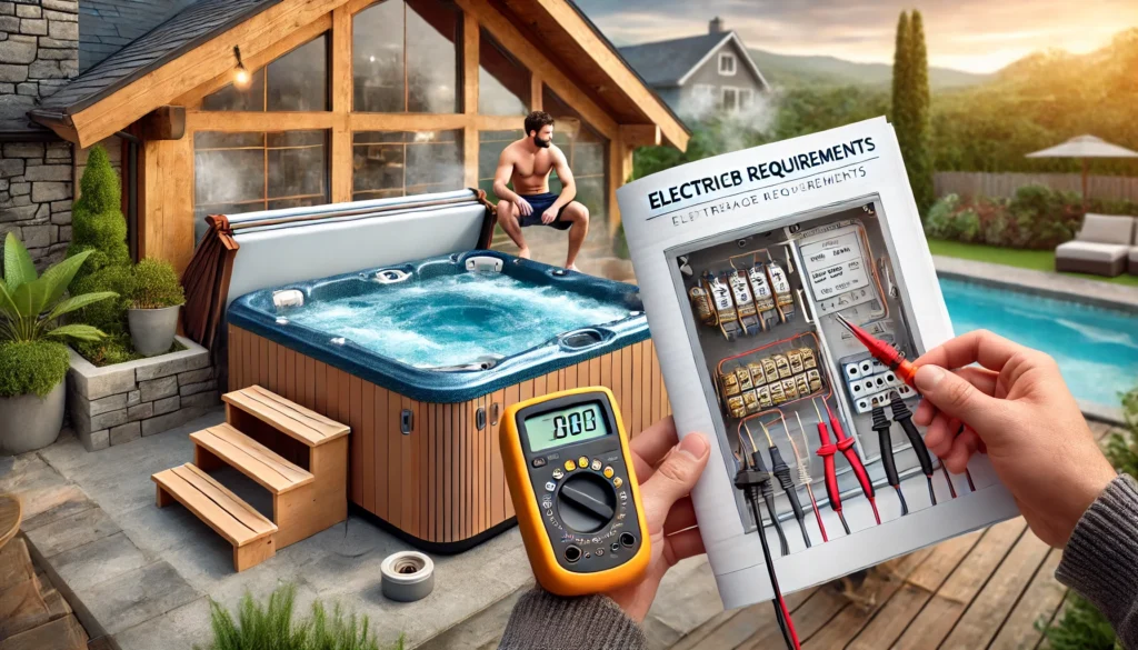 A person holding a hot tub manual with the electrical requirements section visible, while a professional electrician checks wiring with a multimeter. In the background, a modern hot tub with steam rising in an inviting backyard setting.