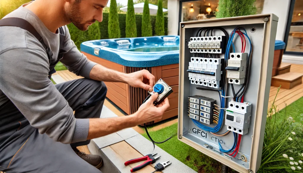 A professional electrician installing wiring for a hot tub, ensuring GFCI protection, circuit breakers, and grounding are properly connected, with a modern outdoor hot tub in the background.