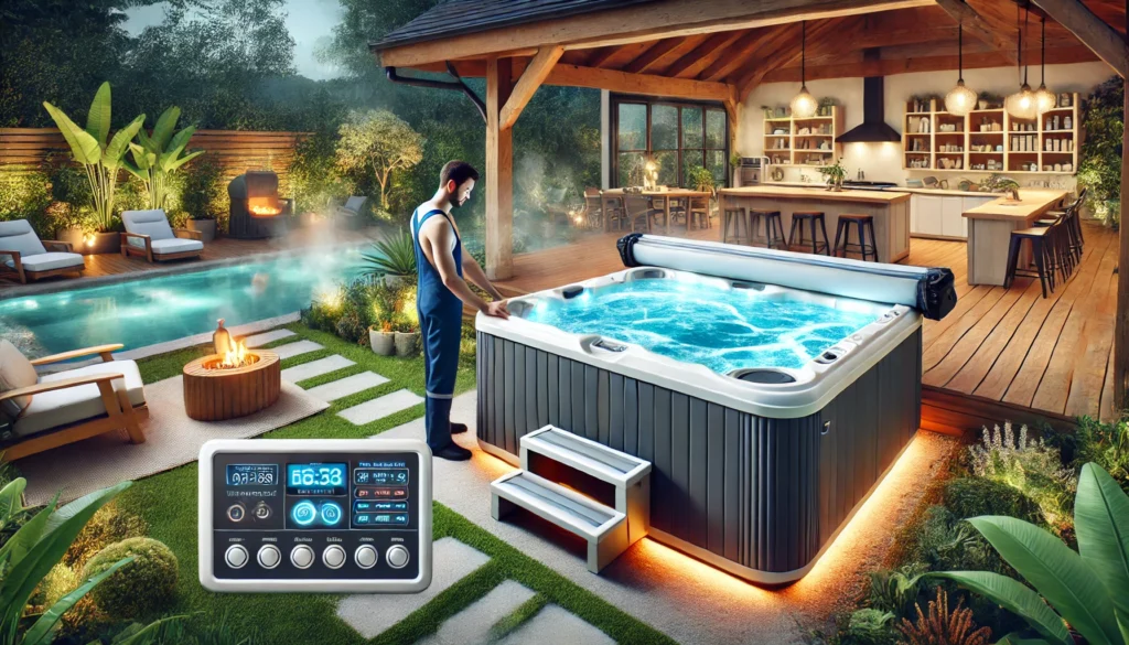 A modern hot tub with a well-insulated cover, visible temperature settings, and a technician maintaining water chemistry and filters in an inviting backyard setting. Steam rises gently, emphasizing energy-saving tips and efficient operation.