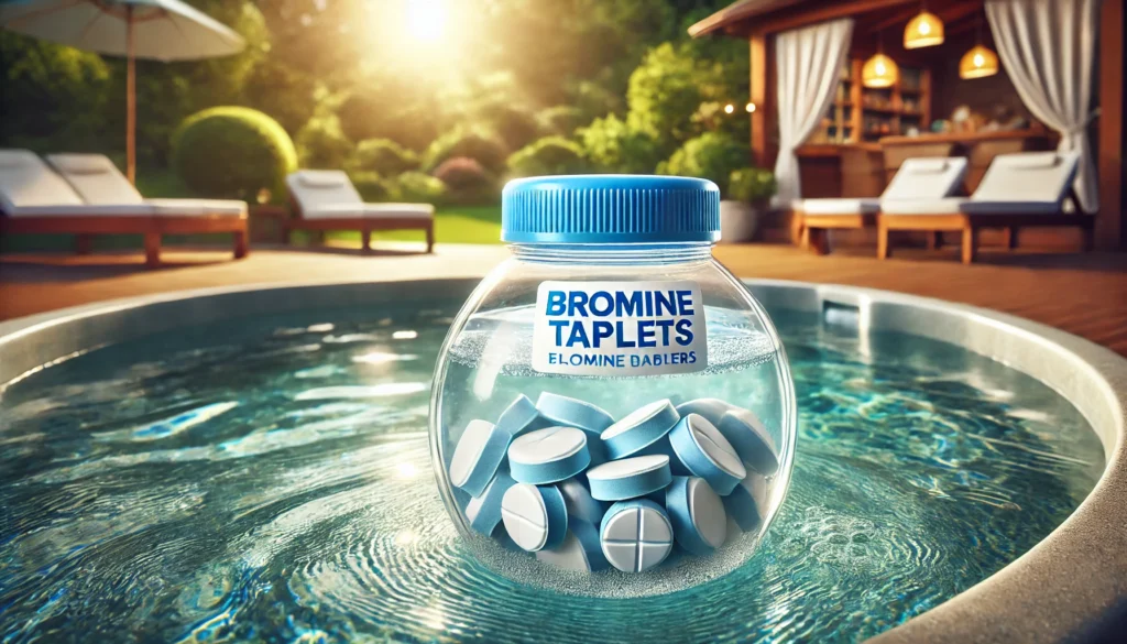 Close-up of bromine tablets in a floating dispenser on the surface of a hot tub with crystal clear water and lush greenery in the background