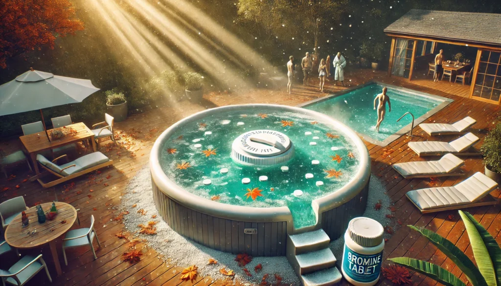 Large outdoor hot tub with a floating bromine dispenser, surrounded by fallen leaves and light pollen, indicating environmental and usage factors