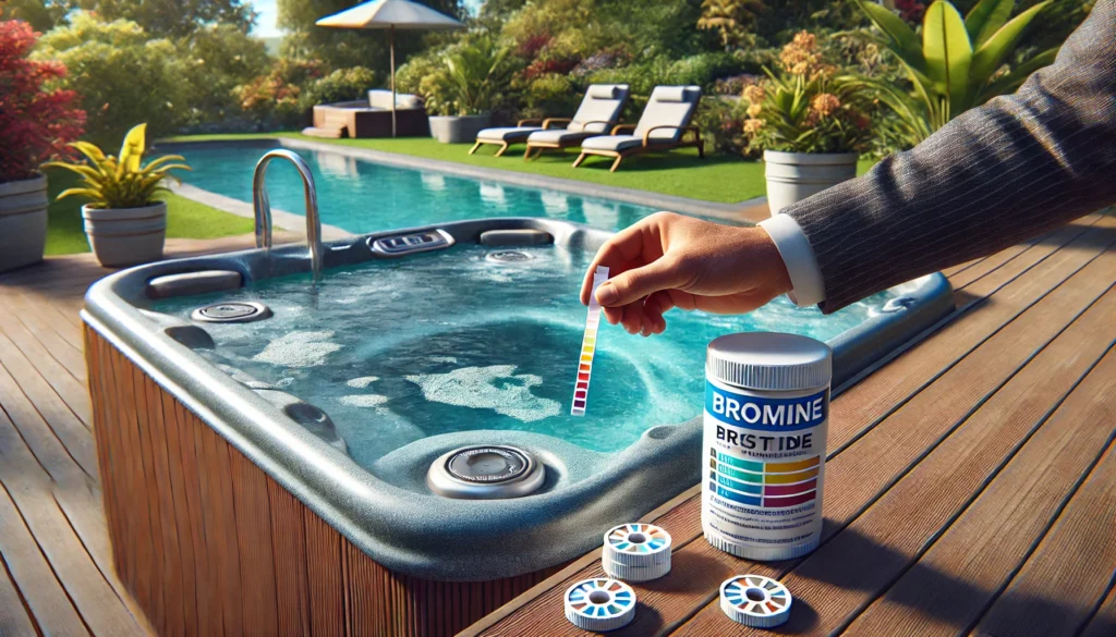 Hot tub with a person using test strips to measure bromine levels, with a floating dispenser and a container of bromine tablets nearby