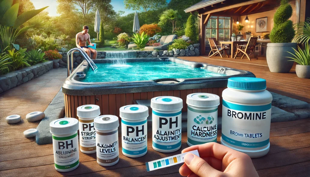 Hot tub with test strips, pH balancing chemicals, and filter cleaner, showing the process of maintaining optimal bromine levels and water chemistry