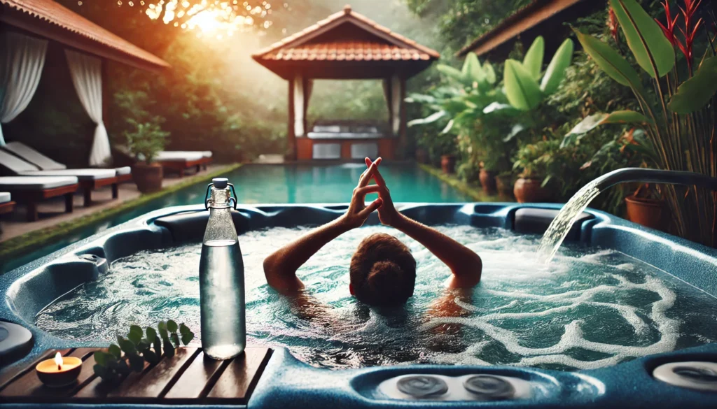 A person performing gentle stretches in a hot tub, surrounded by soft lighting and greenery, with a water bottle nearby to symbolize proper hydration. The jets are on, creating ripples in the water, representing circulation benefits